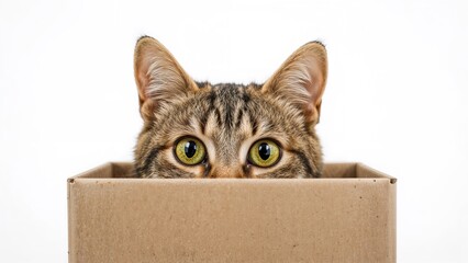 A cat's face with wide eyes peeking out from a cardboard box.
