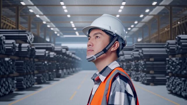 Close Up Side View Of Asian Male Engineer With Safety Helmet Looking Around While Standing at Warehouse of Rolled Steel Metal Bars, Rods or Billets