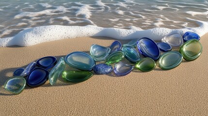 Collection of smooth sea worn glass pieces in various blue and green colors resting on a sandy beach with gentle ocean waves in the background
