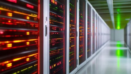 Server Room: Modern, High-Tech Data Center showcasing rows of advanced server racks, their blinking lights suggesting constant data processing and connectivity. - Powered by Adobe