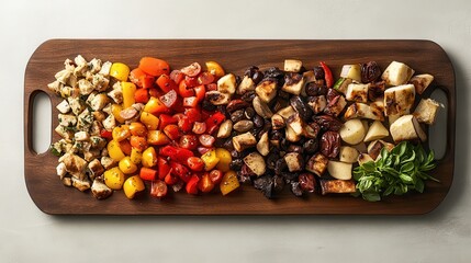 Colorful array of chopped vegetables served on a rustic wooden board