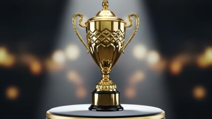 Elegant golden trophy with intricate details on a white pedestal with a black cloth. Soft-focus background with warm bokeh lights, creating a winning atmosphere.