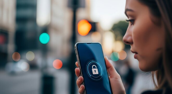 Woman Unlocking Smartphone with Face ID Recognition. young woman holding a modern smartphone in front of her face. Represents biometric security, Face ID, facial recognition, technology, and privacy