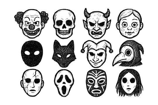Spooky mask collection: hand-drawn halloween faces featuring clown, skull, and more