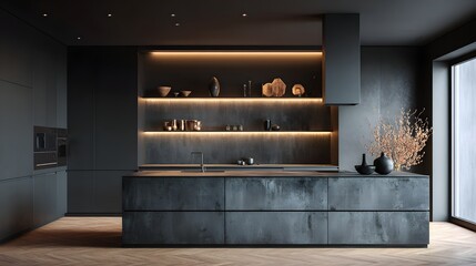 Luxurious contemporary kitchen features dark cabinetry and illuminated open shelving