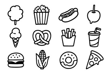 Fototapeta premium Outline icons of classic snack foods for amusement parks, festivals, and street fairs