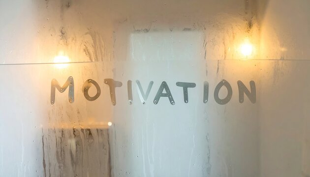 Words of motivation appear on a foggy glass in a bright room during morning hours