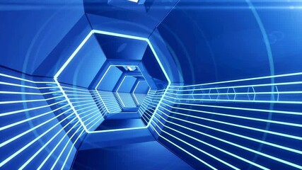 Futuristic 3D blue tunnel loop with glowing hexagonal frames and light lines creating a high-tech science fiction corridor effect for digital concepts - Powered by Adobe