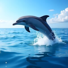 Fototapeta premium Dolphin's Graceful Leap: A captivating image showcases a dolphin leaping out of the water against a bright sky, emphasizing the ocean and its creatures