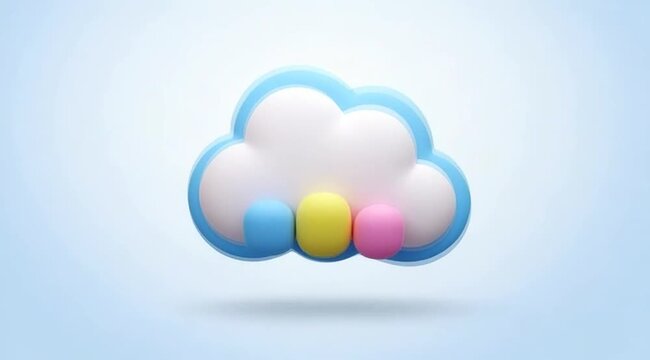 Animated cloud icons with blue outline, white filling and colorful base, rotating view in the