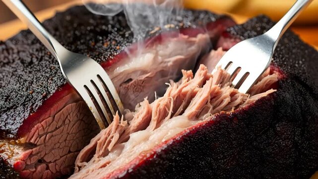 Juicy smoked brisket pulled apart with forks revealing tender meat and dark bark steam rising 4K Ai HD high quality video.
