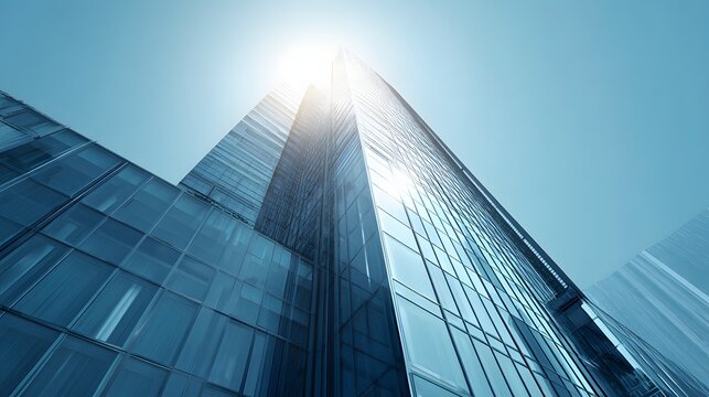 Modern glass skyscraper soaring towards a bright sunlit sky captured from a low angle