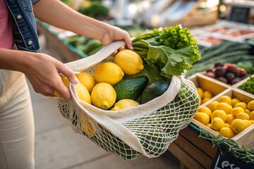 Shoppers Carry Fresh Produce In A Reusable Mesh Bag At Outdoor Market

