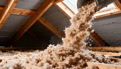 Medium shot showing cellulose insulation being poured into roof cavities boosting home energy savings and soundproofing.