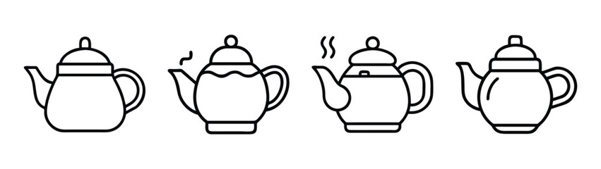 Illustration of vintage tea pots and coffee pots in black and white outline drawing style design