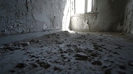 Crumbling plaster dust covers the floor of an abandoned room with peeling walls and a light shining through a window