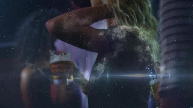 Camera pulling back woman adjusting hair holding beer for nightlife, nebula sweeping faces