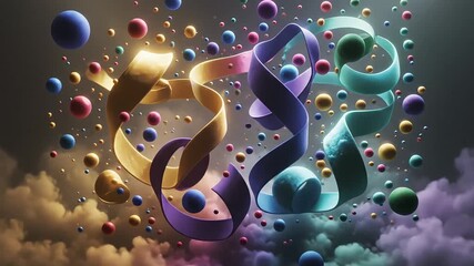 Abstract visualization of colorful 3D ribbons twisting dynamically through a cloudscape, surrounded by floating vibrant spheres, perfect for corporate presentations and futuristic motion backgrounds. - Powered by Adobe