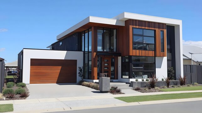 Contemporary two story dwelling showcases modern architectural design with mixed exterior materials