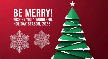 Image of green abstract christmas tree with a white star, snowflakes on red gradient background, representing festive holiday season, cheerful winter event