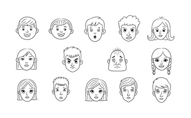 Set of Cartoon Character Facial Expressions in Clean Line Art Style
