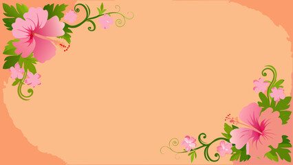 Pink hibiscus flower border on a soft peach background