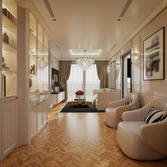 3d render modern living room dining room