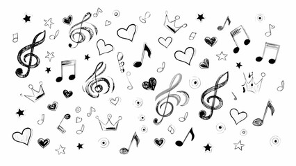 Hand drawn musical notes hearts and crowns scattered pattern
