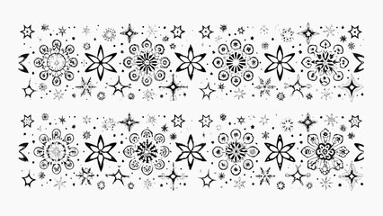 Whimsical hand drawn snowflakes and stars border design