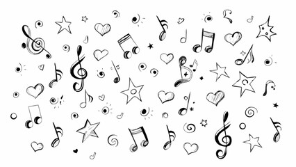 Hand drawn music notes hearts and stars doodle pattern