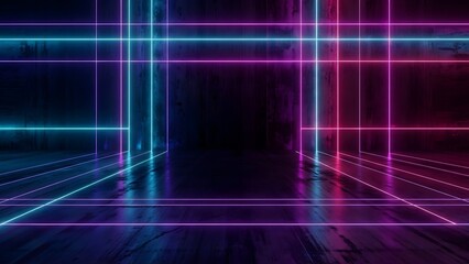 Vibrant neon grid lines illuminate a dark futuristic chamber