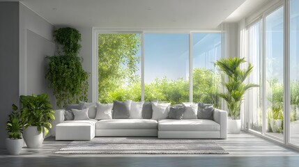 Obraz premium Modern living room showcases comfortable white sectional sofa surrounded by lush indoor foliage and bright exterior greenery through expansive windows