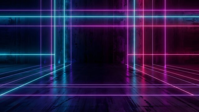 Vibrant neon grid lines illuminate a dark futuristic chamber