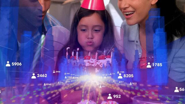 Child girl inhaling blowing candles at party while mom dad cheering, stream overlay showing counts