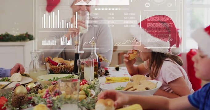 Family sharing meal, children reaching food, animated overlays superimposing tech charts globe