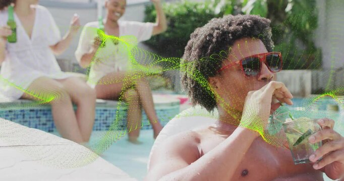 Man sipping glass and reaching as friends cheering by pool, marketing with green overlay sweeping