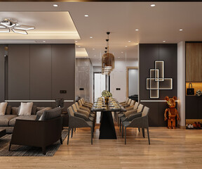 3d render modern living room dining room