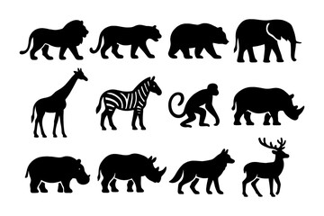 Obraz premium Silhouette collection of wild animals: lions, elephants, giraffes, and more