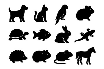 Fototapeta premium Animal silhouettes: pets and wildlife icons in simple black