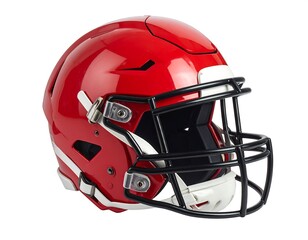 Fototapeta premium Glossy red football helmet with a dark facemask, designed to protect the head during impact