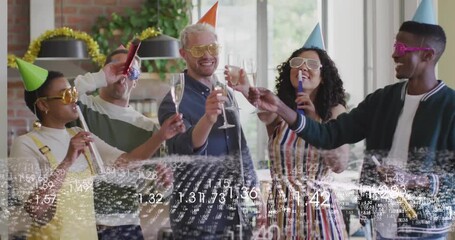 Numeric overlay appearing, six adults lifting flutes in loft, phone capturing marketing toast