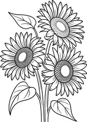 Elegant Black and White Vector Line Art Illustration of Three Sunflowers with Leaves, Perfect for Coloring Pages, Botanical Prints, Summer Decor, or Outline Graphics