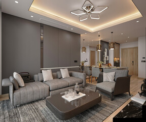 3d render modern living room dining room