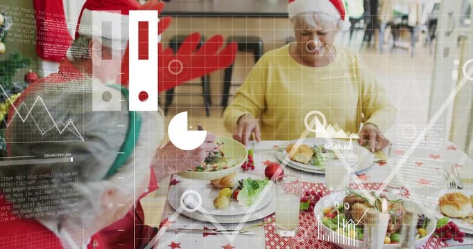 Senior trio serving salad at holiday meal causing data charts expanding then receding over plates