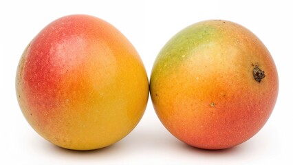 Two fresh mangoes with a mix of red, orange, and yellow hues placed side by side on a white background.