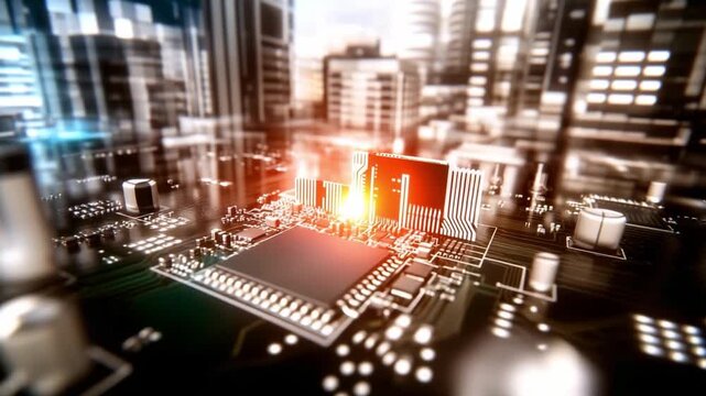 Digital Evolution: An intricate circuit board, the heart of modern technology, pulses with vibrant energy, set against the futuristic backdrop of a bustling cityscape.