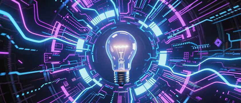 Illuminated Light Bulb as a Symbol of Innovation and Bright Ideas, Surrounded by Futuristic Digital Technology and Glowing Energy Circuits