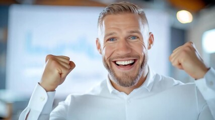 Triumph of the Achiever: An attractive man radiates with palpable elation, his arms raised in a gesture of triumphant success.