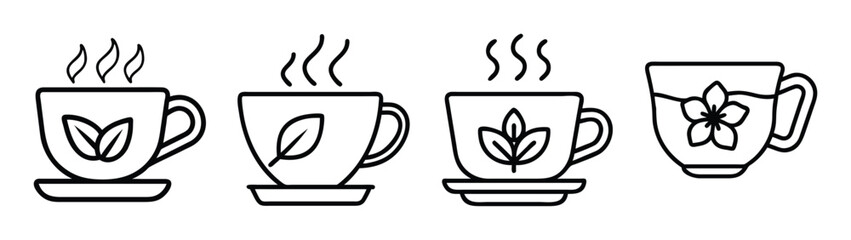 Collection of tea cups and coffee mugs with steam and floral designs vector illustration