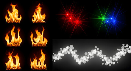 Abstract fire flames, colorful light beams and bokeh effects on black background